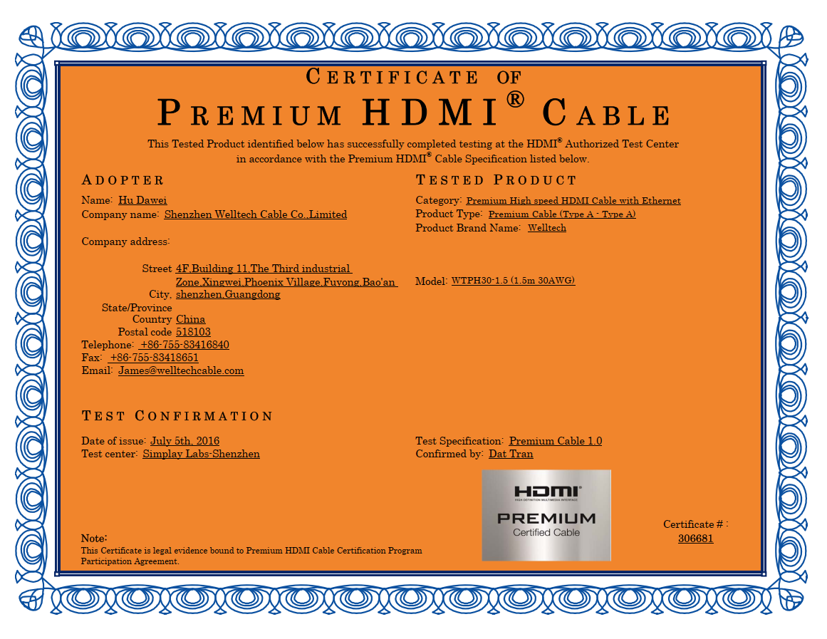 1.5m Premium HDMI Cable Certificate