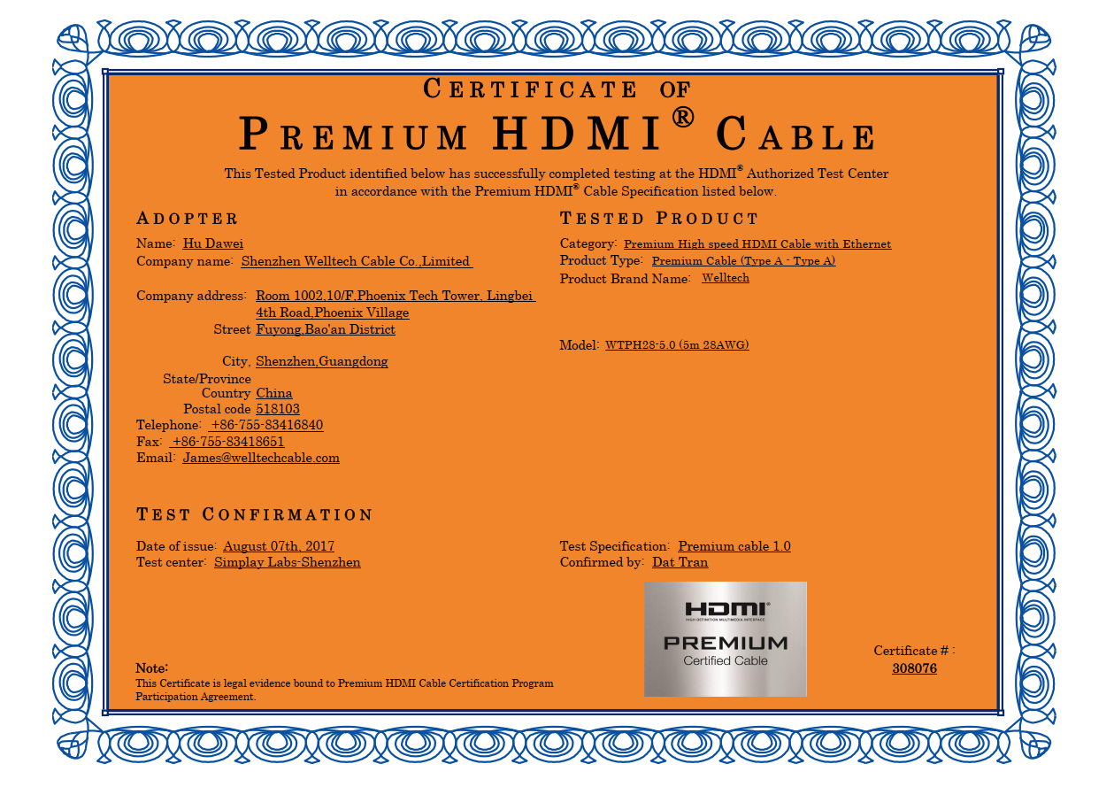 5m Premium HDMI Cable Certificate